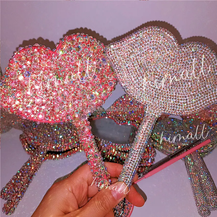 Luxury Shiny Rhinestone Round Square Heart Handheld Bling Diamond Makeup Mirror Lovely Handheld Cosmetic Mirror