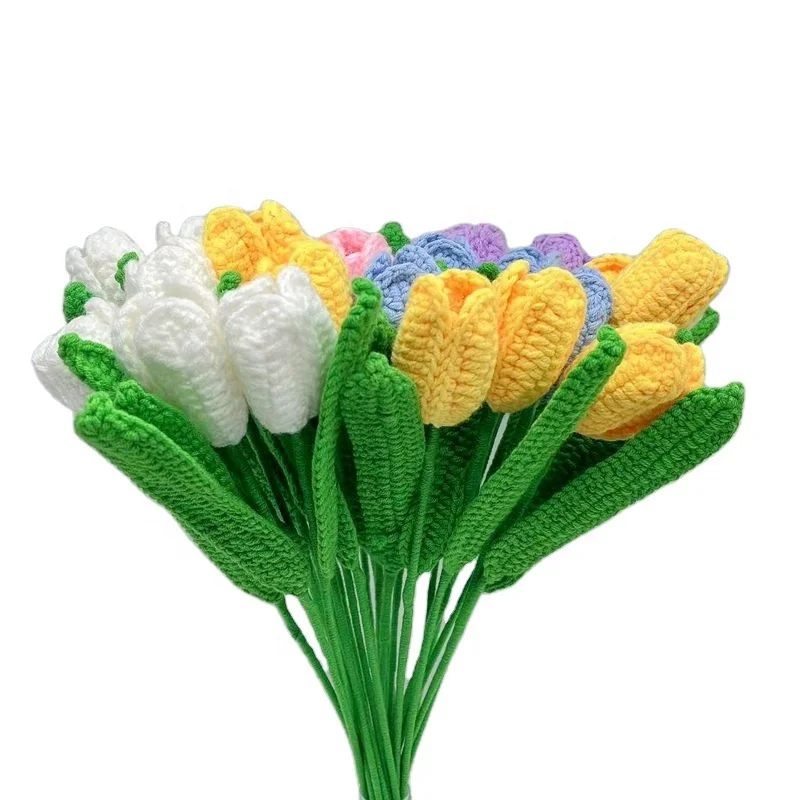 Decorative Wool Crochet Knitting Handmade Flowers Bouquet in Vase for Home Decoration Crafts Tulips Sunflowers