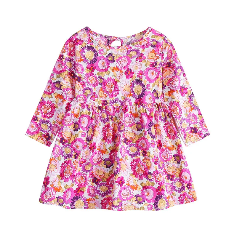 2022 Spring Autumn Nice Flower Print Baby Toddler Girl Long Sleeve Floral Print Knit Tiered Dress Kids Dresses For Girls