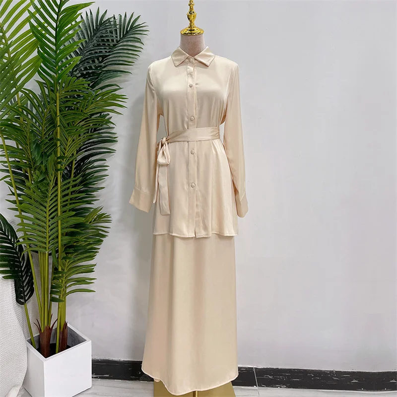 Co Ord 2 Piece Satin Silk Suit Muslim Islamic Clothing Button Up Long T-shirt Match Pockets Skirt Borong Abaya Baju Kurung