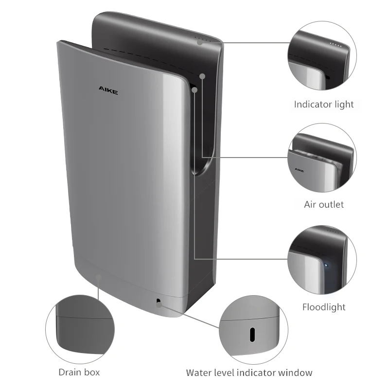 AIKE AK2065 Премиум коммерческий Ультра маленький размер Вертикальная сушилка для рук с HEPA-фильтром 110 В-130 в серебристый