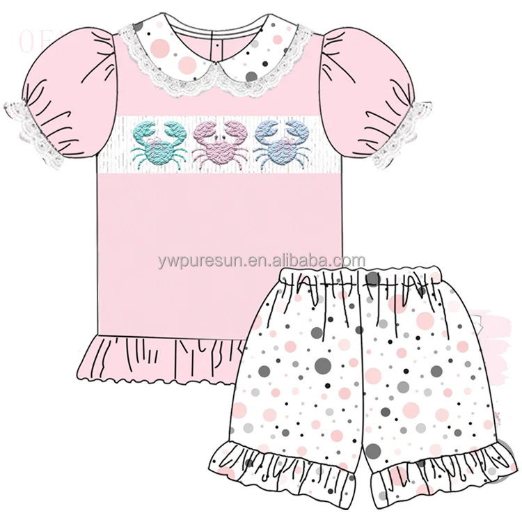 Hot sale boutique design beach clothing crab smocked French Knot siblings set children wear wholesale baby clothes