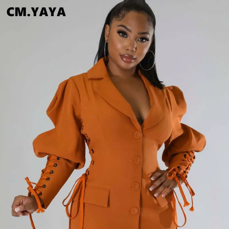 CM.YAYA Women Eyelet Lace Up Lantern Long Sleeve Single Breasted Lapel Neck Blazer Style Midi Dress for Winter Autumn Ins Tops