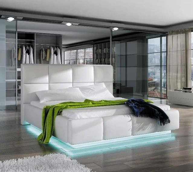 Factory Wholesale Customized Deluxe Faux Leather Square Stitched Headboard Gas Lift Up Storage Upholstered Platform Bed with LED