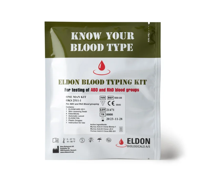 One Man Kit POC medical device to efficiently and quickly determine AB0 and Rhesus blood types made in Denmark