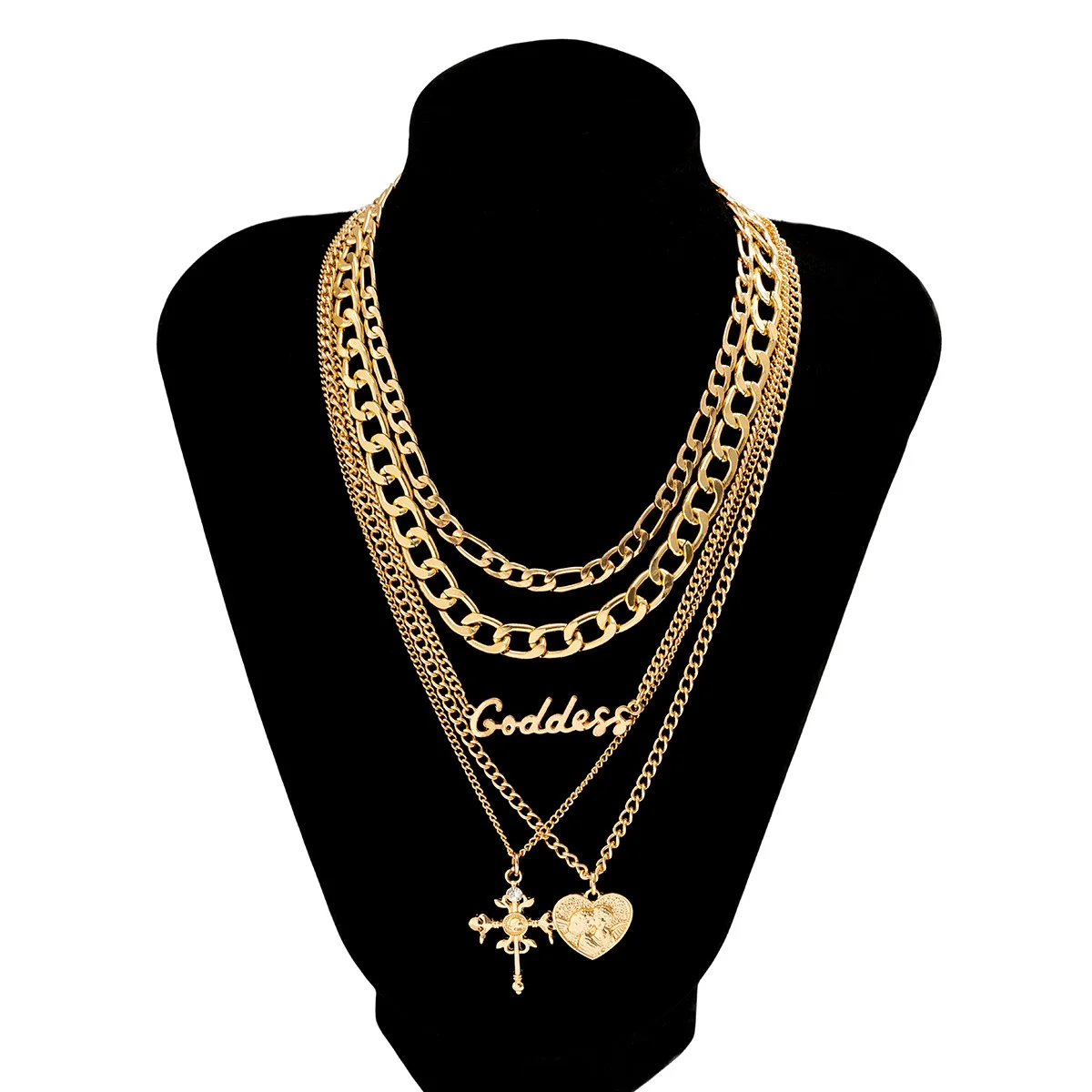 Hip hop personality letters retro multi-layer relief cross figure necklace chain