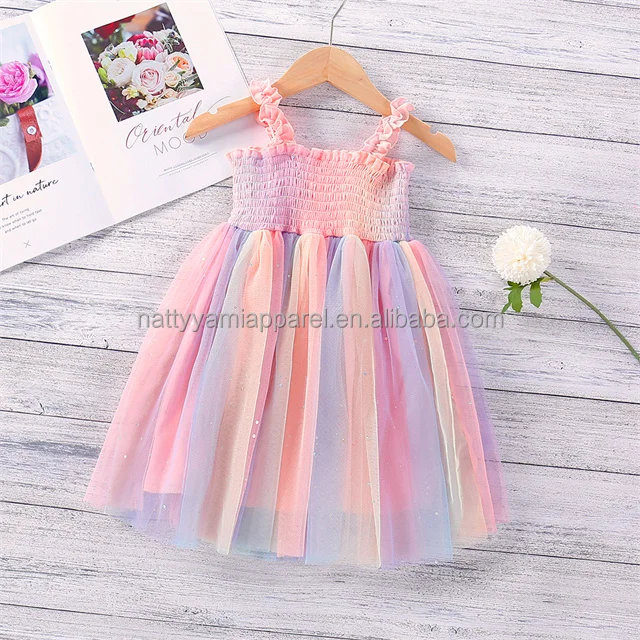 1Pcs Custom Logo RTS Summer Sleeveless Strapless Colorful Lace Mesh Patchwork Kids Girls Princess Dress