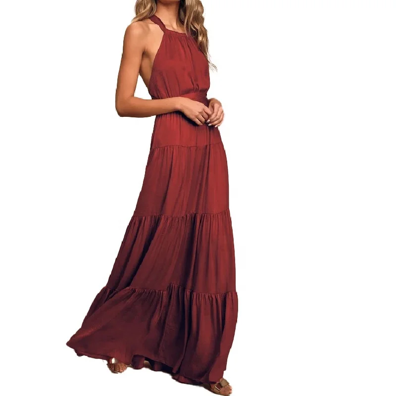 Elegant flirty burgundy casual halter convertible long summer beach cotton maxi bridesmaid dresses for beach wedding party