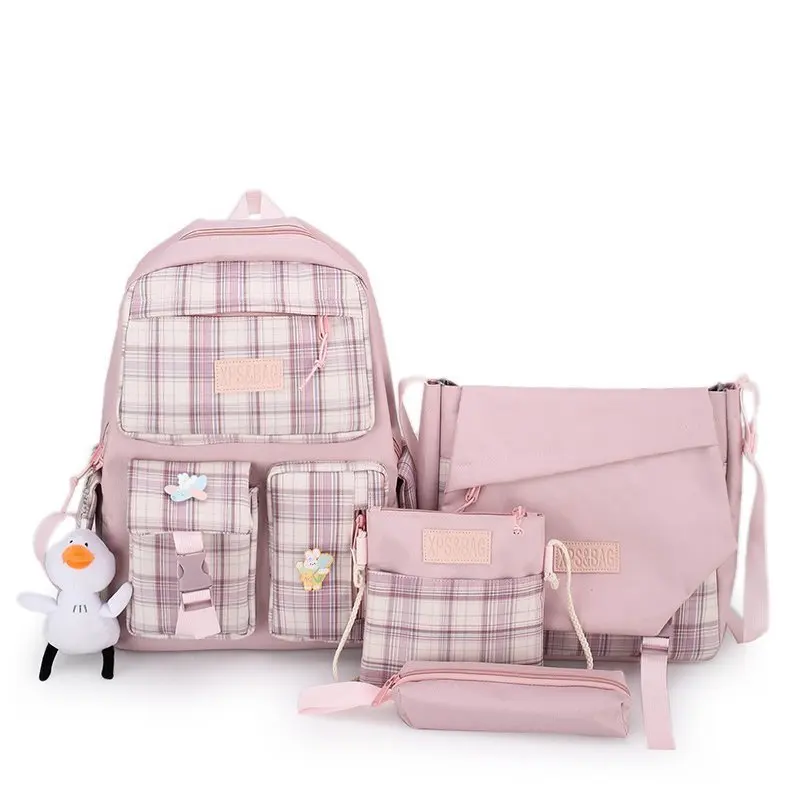 High Quality 4 Pcs Students Canvas School Cross body Bag Backpack Colorful Shoulder Bag Purse Handbag Set