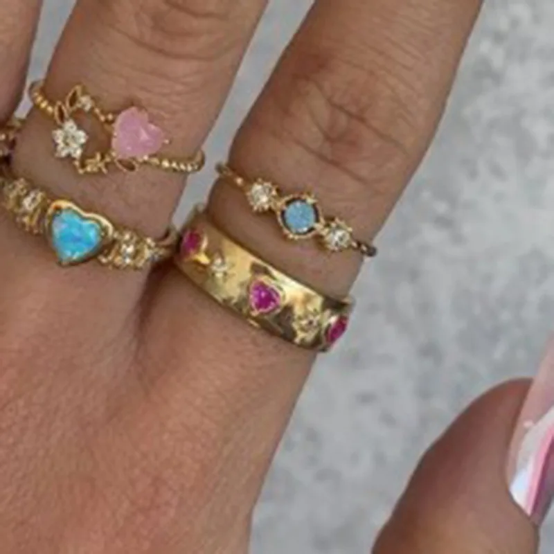 New arrival fashion stainless steel 18K gold plated zircon diamond inlaid red heart star rings women lady girls jewelry