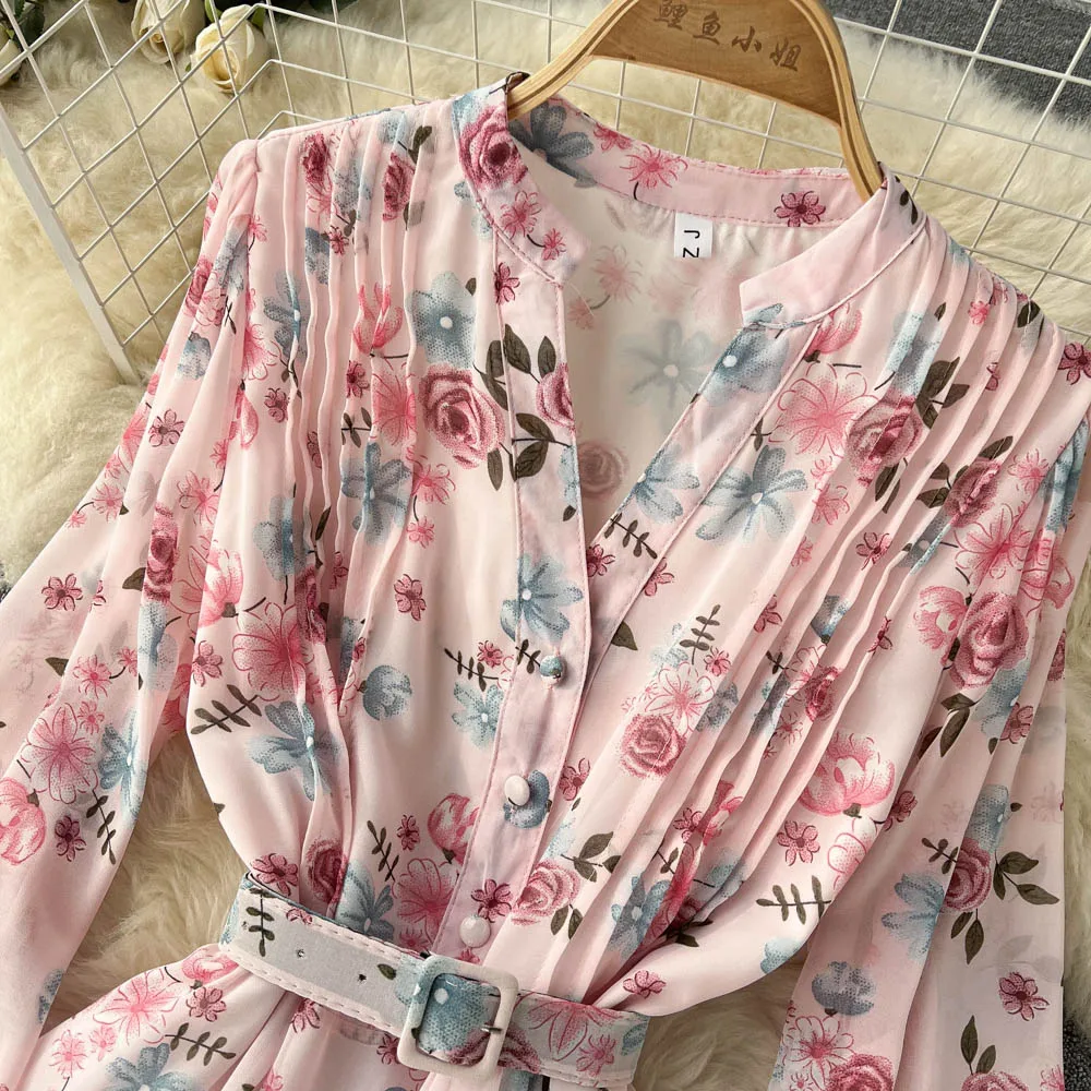 Women Clothes Long Sleeve V-Neck Print A-Line Dress Floral Print Chiffon Ladies Casual Dress