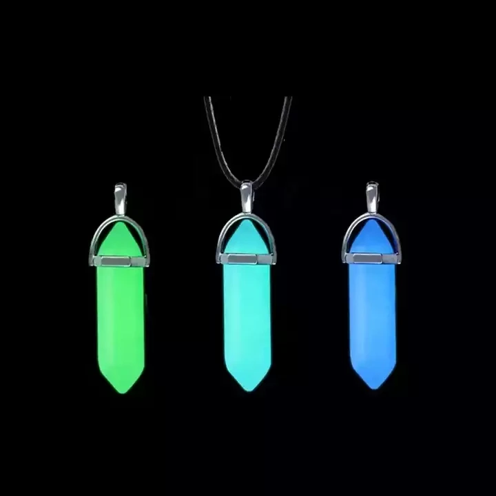 SC Simple Hexagonal Column Pendant Necklace Leather Rope Crystal Natural Stone Luminescence Energy Luminous Stone Necklace