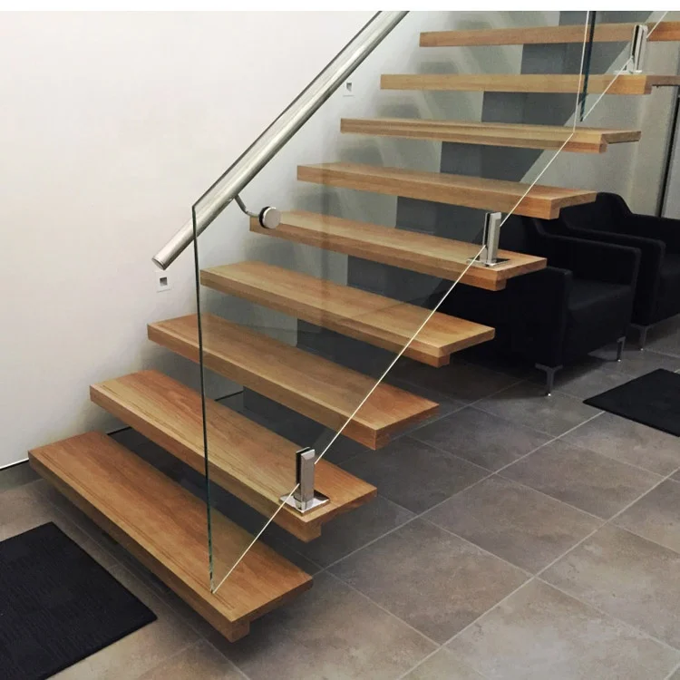 Australian standard mono steel stringer stairs with 40mm thick oak wood treads commercial wooden metal stairs with glass railing