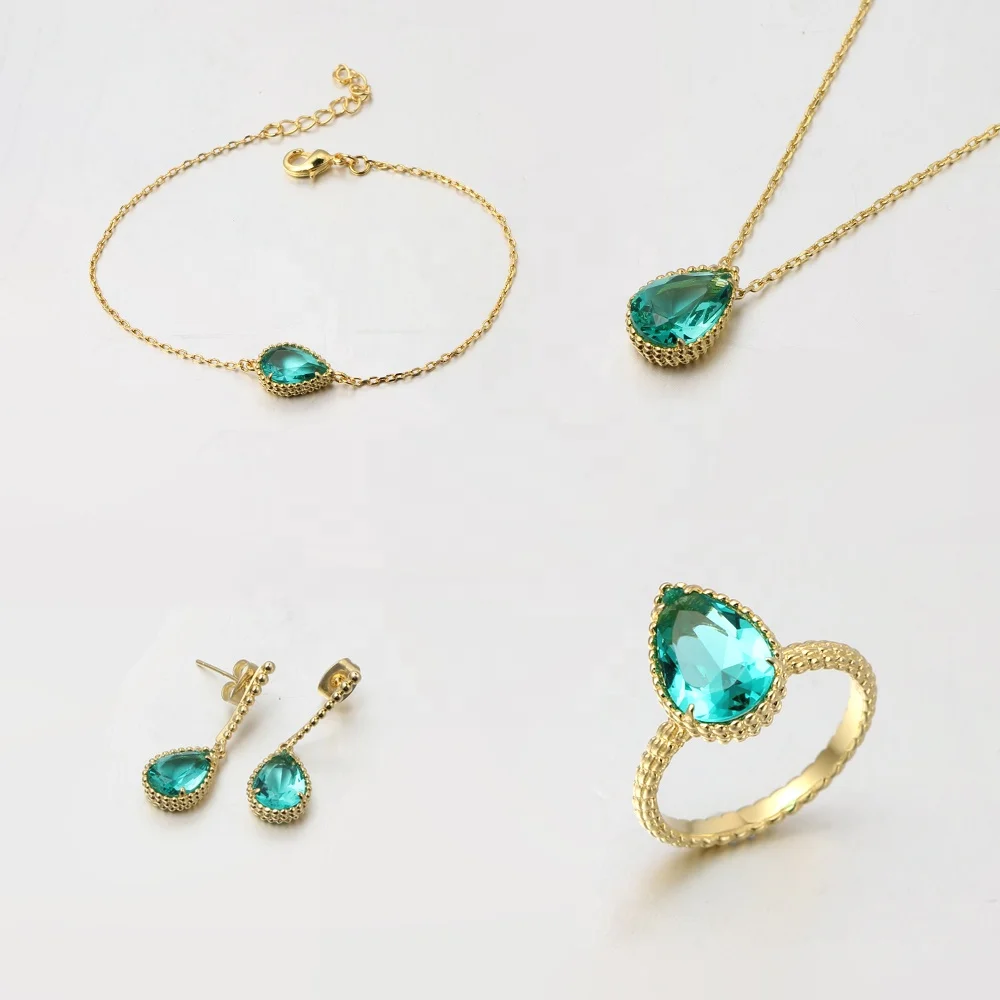 new women jewelry sets Dubai gold necklace dangle earrings bracelet ring Pear cut emerald jewelry sets earrings and ring sets