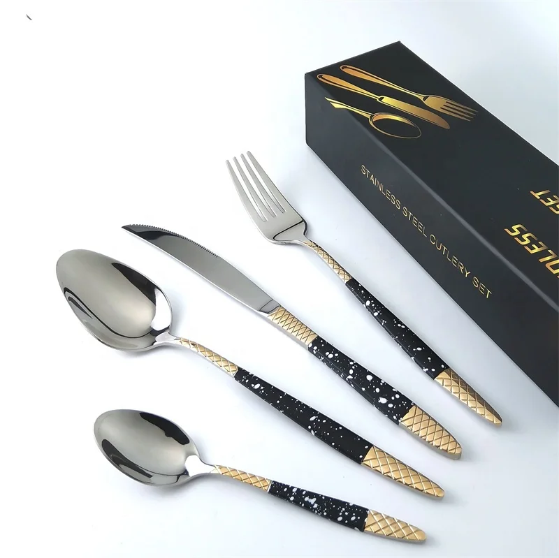 small MOQ black white handle MYD cutlery gold plated 30pcs spoon fork knife set non magnetic cutlery