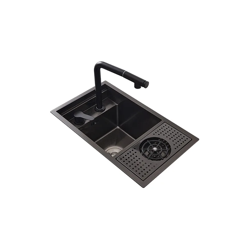 Stainless Steel 304 Single Bowl New Black Nanometer Flip Cover Hidden Kitchen Sink With Glass Rinser