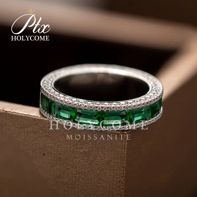 2023 Custom make  gems silver plated 18k gold GREEN  emerald cut moissanite diamond wedding ring for women Holycome