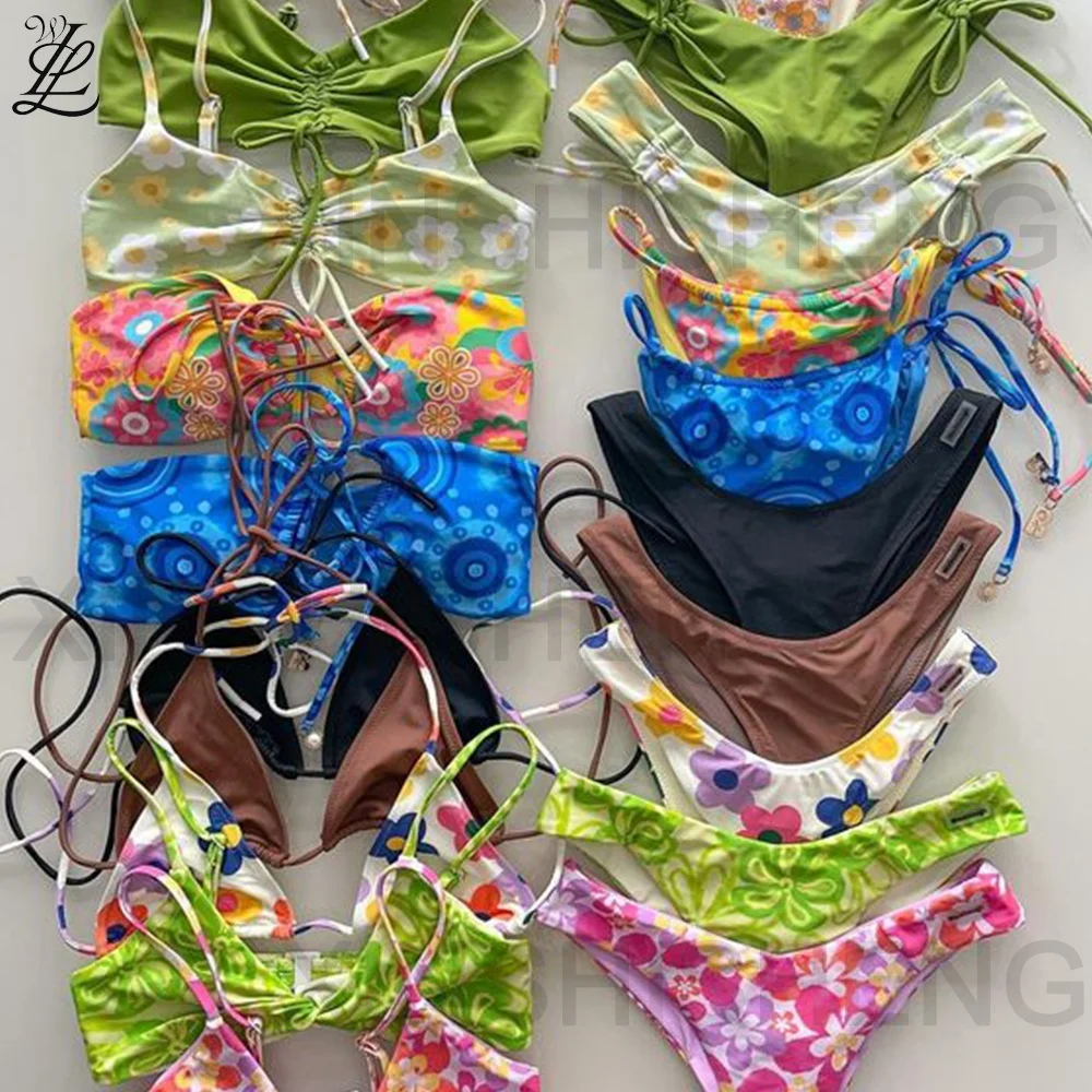 2024 Swimsuit Flower Printing Famous Brands Textured Stretchy Bandeau Bikini Custom Logo Swimwear Women Crinkle Rib Bikini