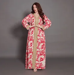 2022 new arrival Muslim clothing Arabic women abaya dress red white flower print diamond Moroccan dresses