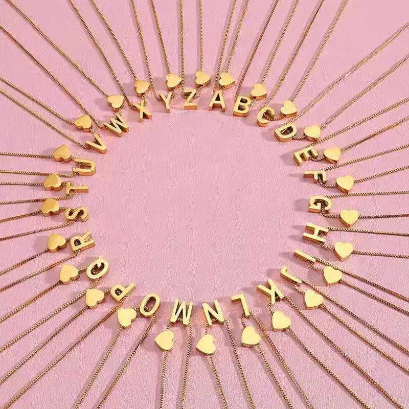 Fashion 18k Gold Plating 26 Letters Alphabet Necklace Stainless Steel Heart Letter Charm Necklace For Women