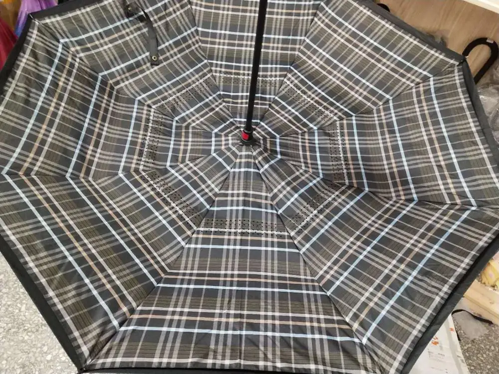 Cheap Checks Double Layer Upside Down Inverted Car Umbrella rainproof windproof C-Handle Reverse umbrella parasol for travel