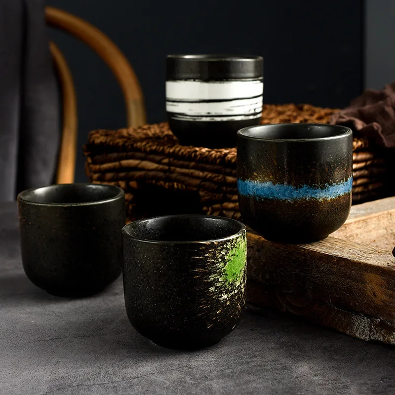 190ml Japanese Water Glazed No Handle Vintage Matt Ceramic Blue Tea Cup