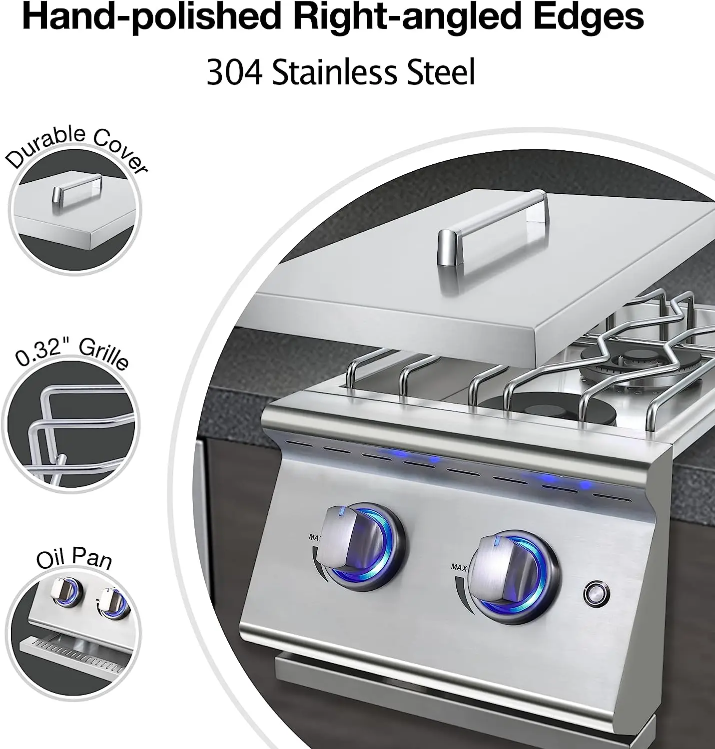 Double Grilling Side Burners for Outdoor Kitchen BBQ Grill Island Solid 304 Stainless Steel LPG/NG Convertible