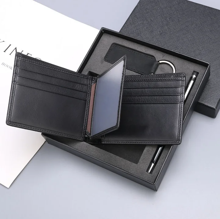  Новое поступление 2021 роскошный кожаный кошелек подарочный набор для мужчин подарок на день отца с кожаным кошельком и брелоком ручка логотипом заказ