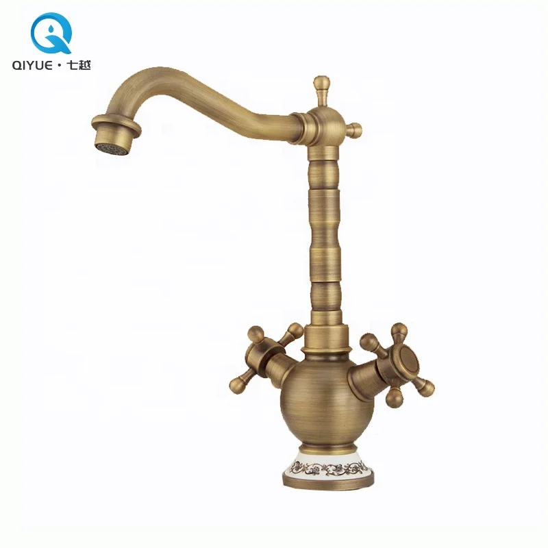 Good prices double lever deck mounted antique brass bathroom basin mixer faucet tap