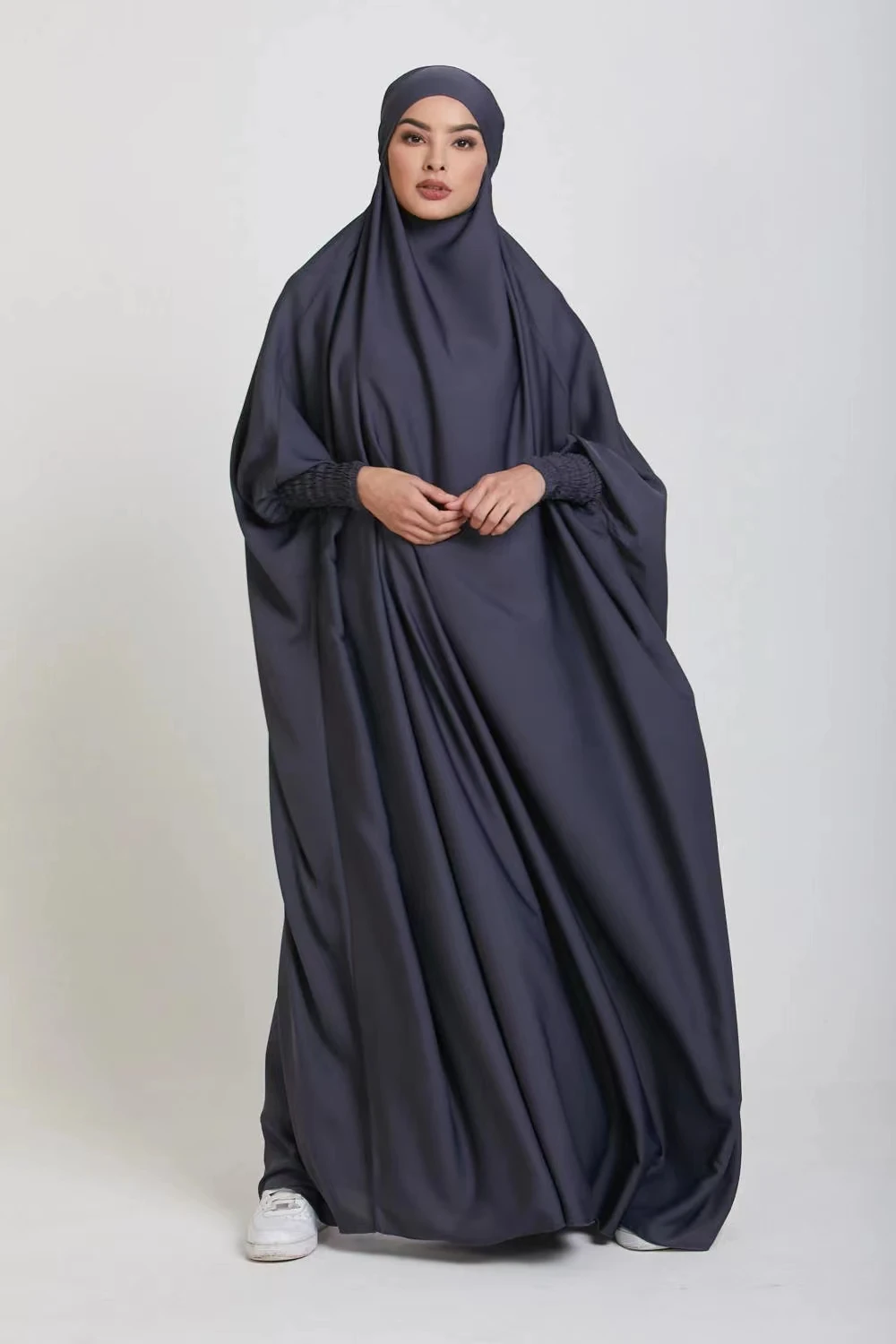 Muslim Women Jilbab One-piece Prayer Dress Hooded Abaya Smocking Sleeve Dubai Saudi Black Robe Islamic Clothing Turkish Modesty