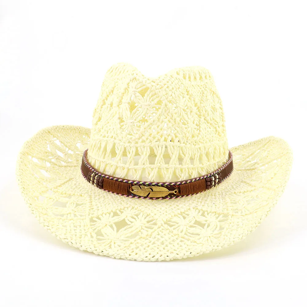 High Quality Custom Hollow Straw Cowboy Western Hat With Feather LOGO Straw Beach Hat Summer Sun Panama Hat Women
