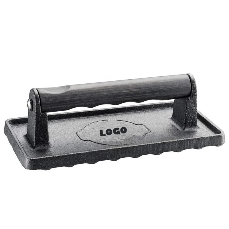 Прямоугольный чугунный гриль с деревянной ручкой и логотипом под заказ, пресс для бургеров, сэндвичей, бекона, мяса, для домашнего использования