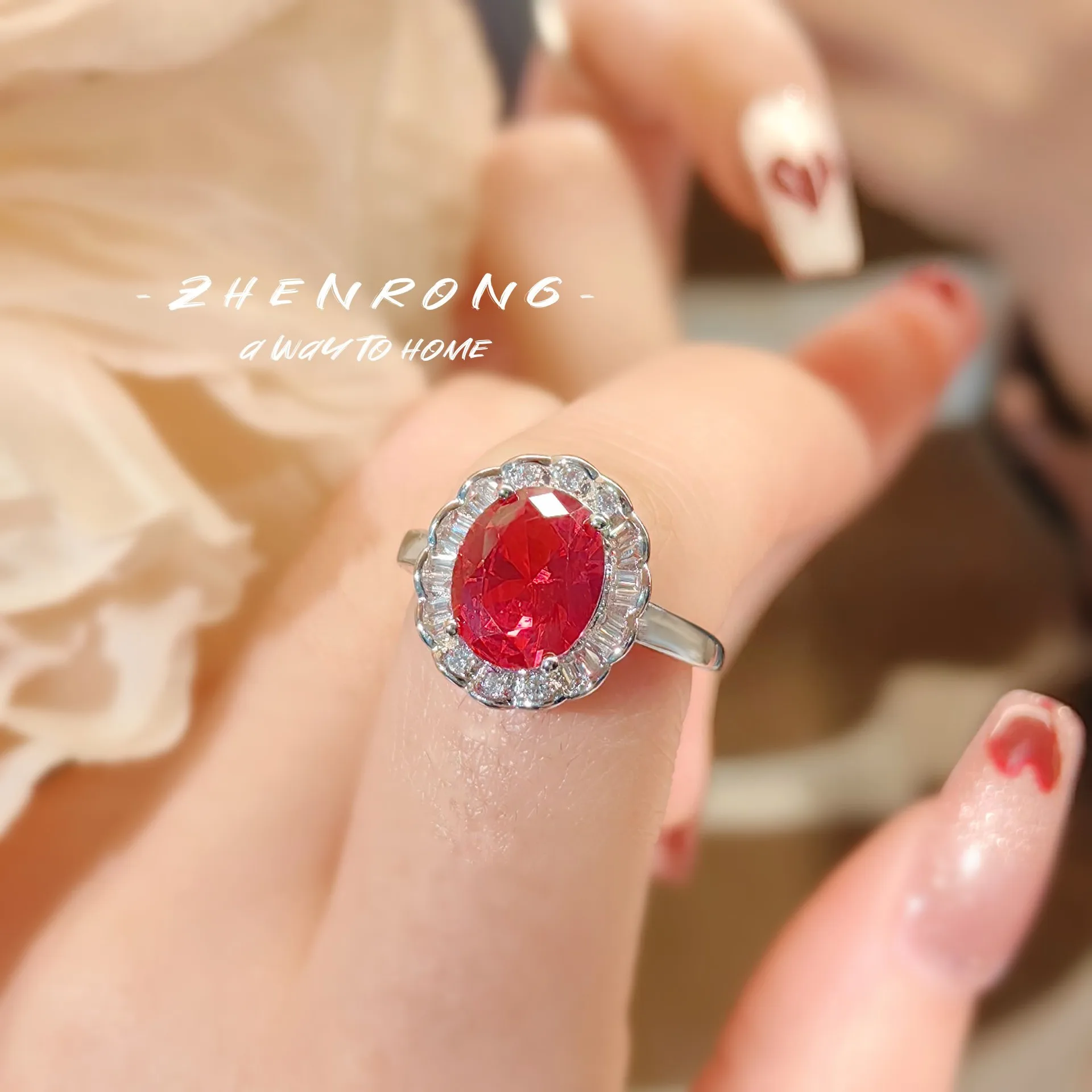 European and American Fashion Color Treasure Red Corundum Ring Light Luxury Temperament All-match Live Broadcast Drainage