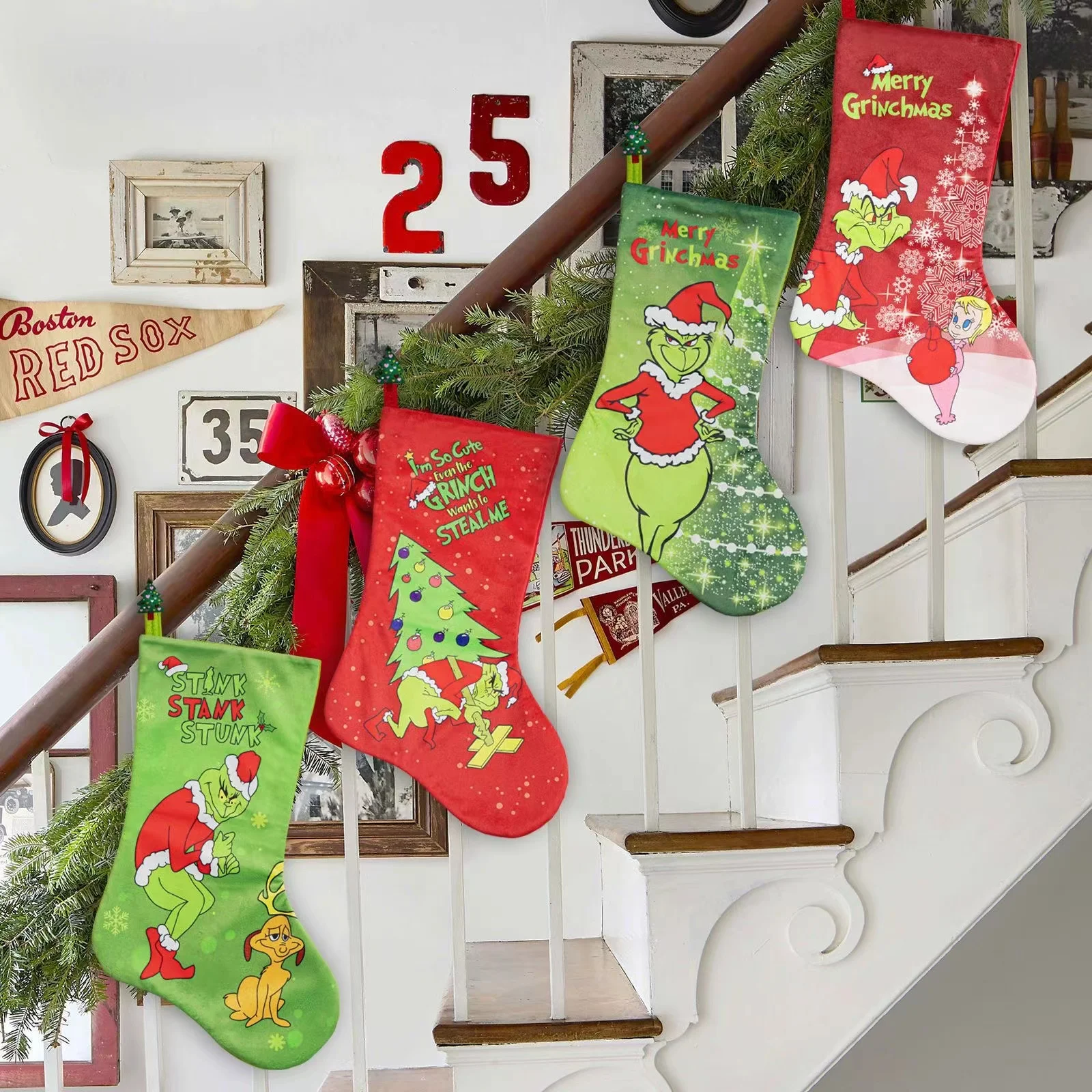 Рождественские украшения аксессуары Grinch красный Рождественский чулок для украшения камина