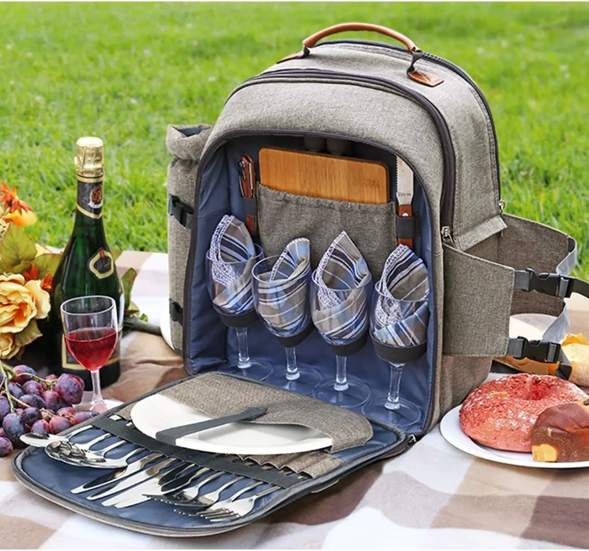Hot Sale Picnic Lunch Ice Backpack Picnic Backpack for 4 Person with Blanket and Insulated Cooler Wine Pouch