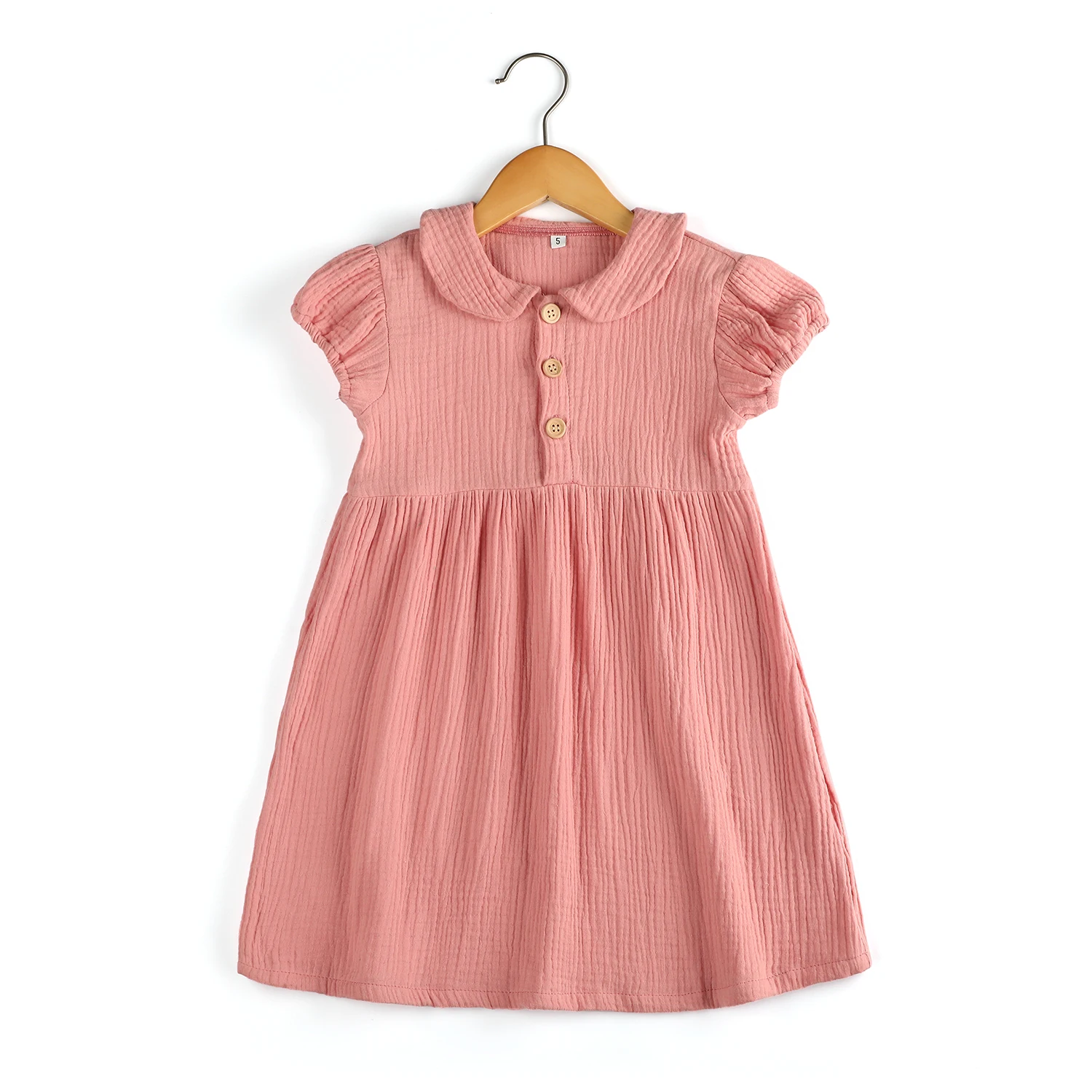 2022 sweet design  Summer peter pan collar blank muslin button down short sleeve smocked casual dress baby girl dress