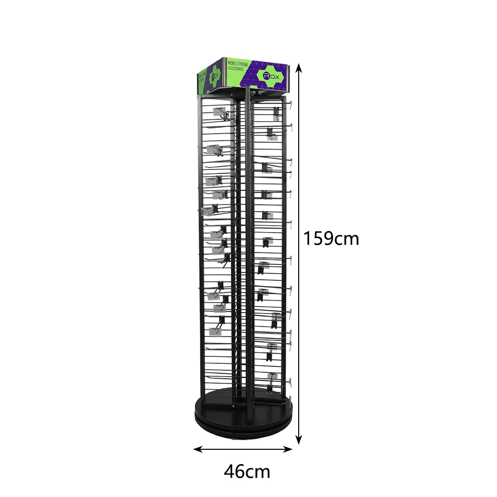 Free-standing 4 Sided Metal Spinner Rack with Wire Hooks, Rotating Goods Display Stand for Supermarket