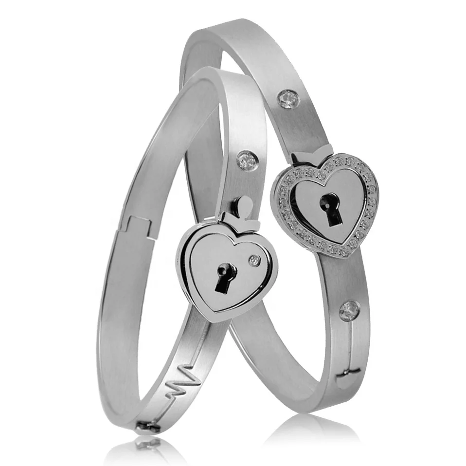 Love Lock Key Heart Bangles Stainless Steel Bangles with CZ Stones Inlaid