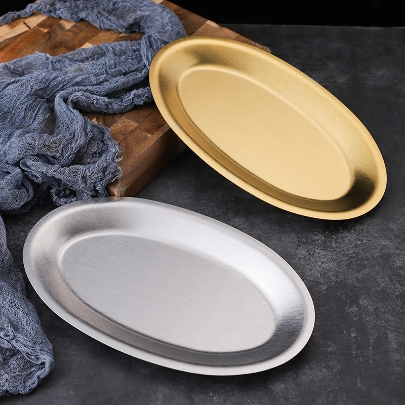 304 Stainless Steel Oval Plate Dish Shallow Flat Thickened Tray Dessert Sushi Fish Plates