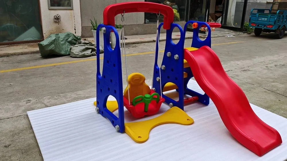 Hot sale three-in-one plastic slide with basketball toy slide with swing for kids  in indoor playground