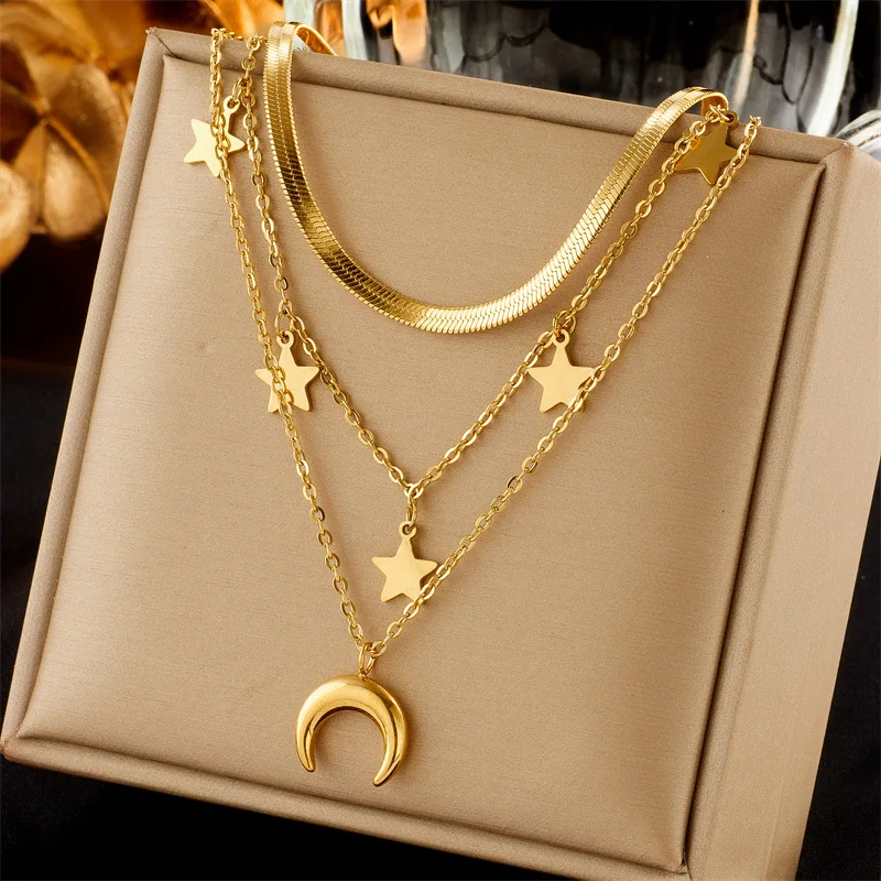 Stainless Steel Layered Necklace Chain Star Moon Choker Necklace for Women Layering Chain Choker