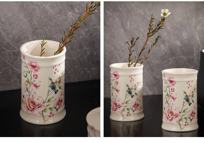 5Pcs Rustic Classical Flower Bird Factory Direct Wholesale Customized Home Hotel Decoration Ceramic Bathroom Accessories Set