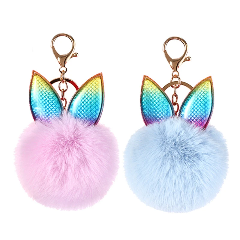 Fancy Fluffy Faux Fur Pompom Rabbit Ear Key Chain Faux Rabbit Fur Keychain
