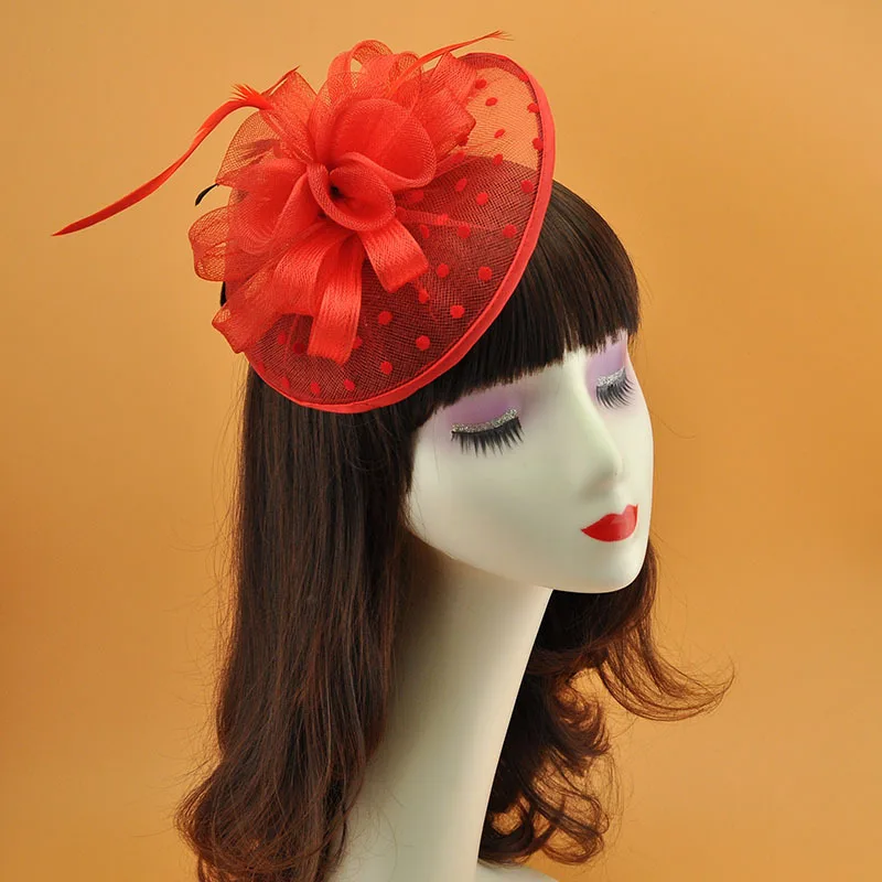 Women Bridal Wedding Headdress Dot Veil  Mesh Feather Hair Accessories Cocktail Headwear Evening Tea Party Derby Fascinators Hat