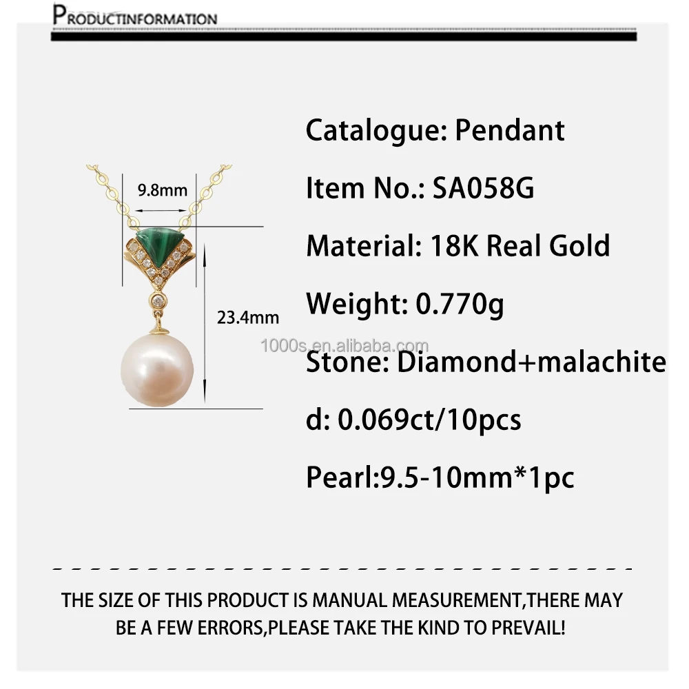 Fresh Pearl Pendant Real Gold Necklace 18K Solid Rose Gold Jewelry Natural Diamond Malachite Necklace