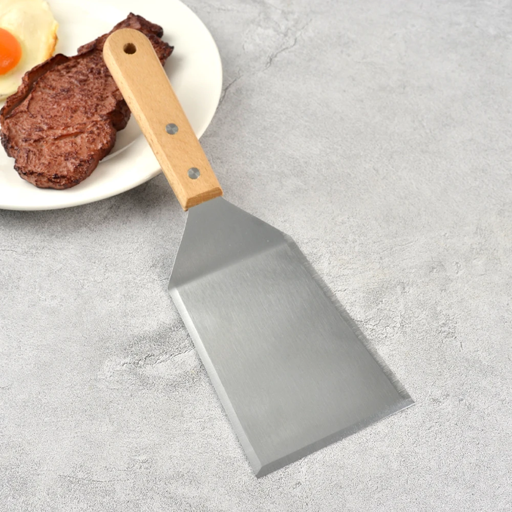 Stainless Steel Grill Tools Kitchen Frying Shovel Cooking Turner Flat Shovel Steak BBQ Spatula with Wood Handle