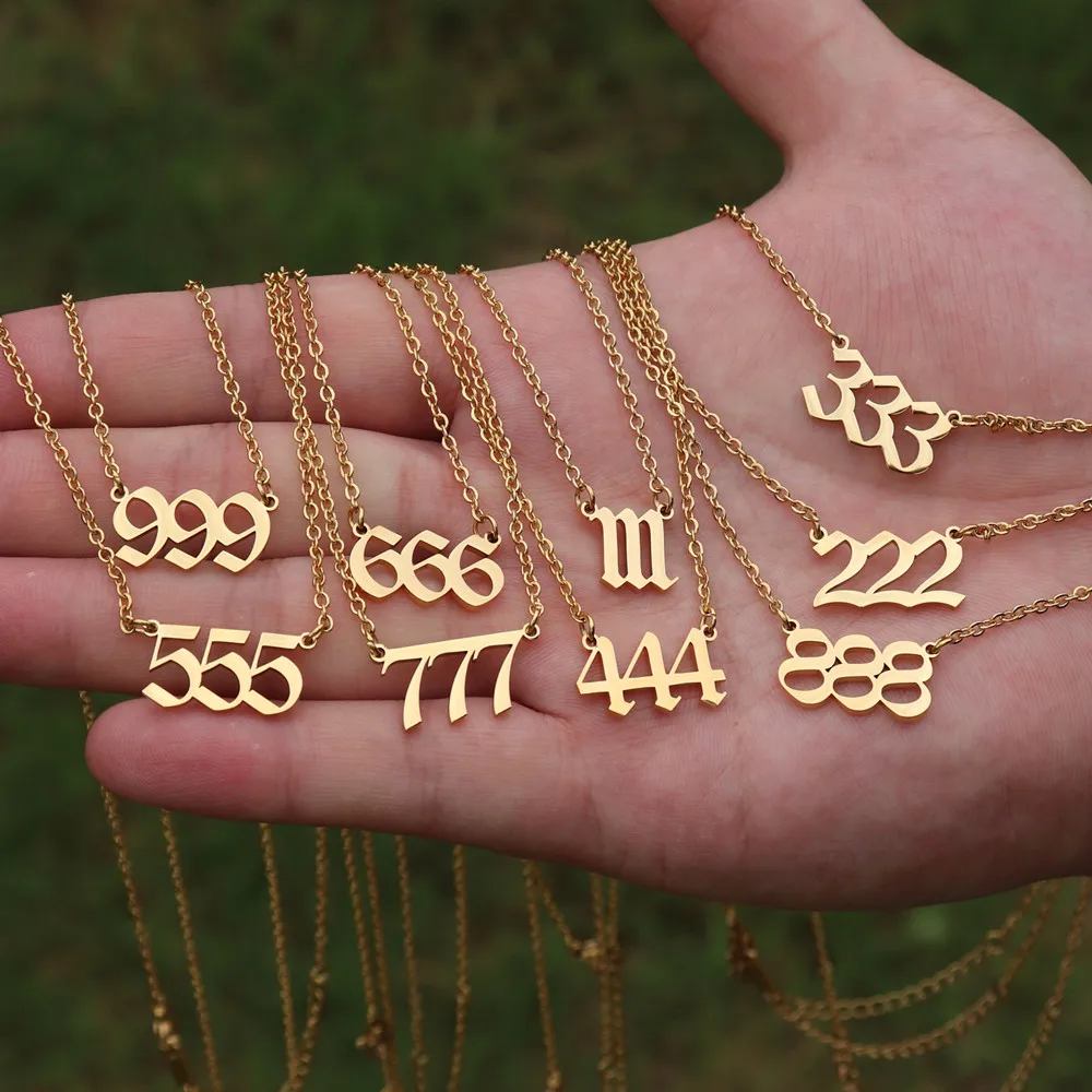 Angel Number Necklace 111 222 333 444 555 666 777 888 999 Old English Devil Choker Stainless Steel Necklaces Gold Collier Femme