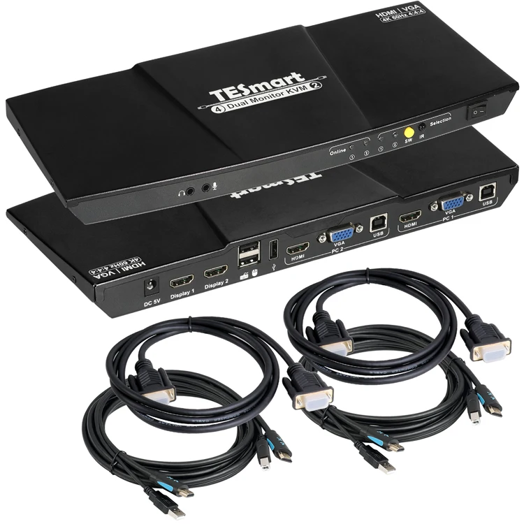 TESmart 2 Port Dual Monitor KVM Switch Kit HDMI+VGA 4K60Hz with EDID Support Hot Plug USB 2.0 Port 4 In 2 Out Video Switch