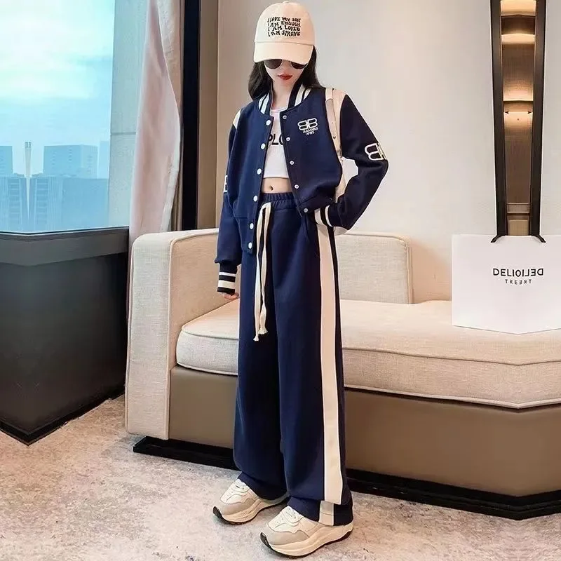 Spring Autumn  New Fashionable Trend Loose Style Sports Sets Youth Teeange Kids Boutique Clothes Girls Baseball Jacket Suits