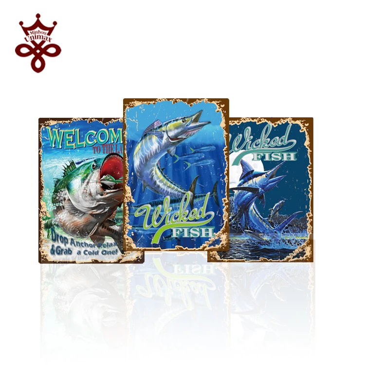 
Cheap original vintage metal signs for sell fish nostalgic art signs custom vintage tins for sale 